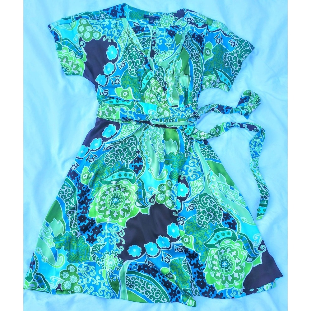 Banana Republic Silk Wrap Dress V-Neck Boho Floral Print Green Blue Womens  12